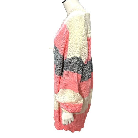 Striped Colorblock 5XL Pink Cream Gray Cardigan Sweater Striped Open Tight Knit - Picture 3 of 10